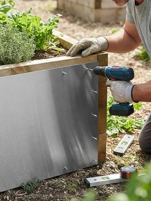 4mm Edelstahlblech geschliffen (K240) wird an Hochbeet angebracht